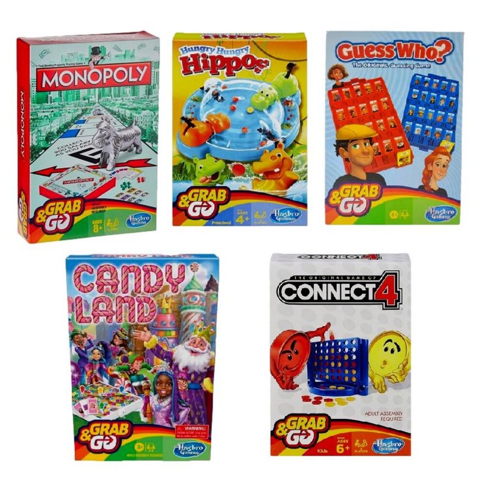 HASBRO Grab & Go Travel Set 5 GAMES Monopoly Hippo Guess Who CandyLand Connect 4